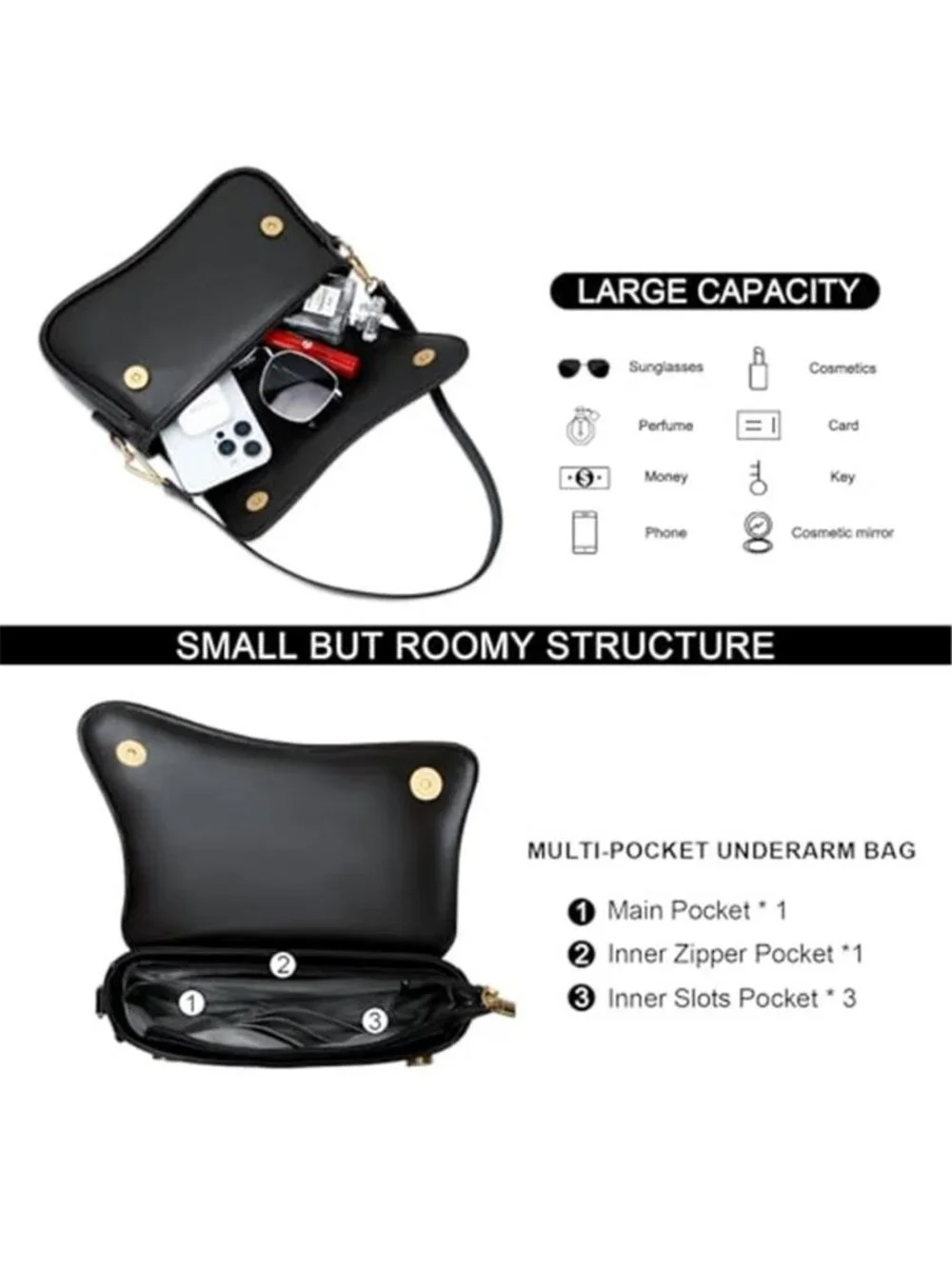 KKXIU Black Shoulder Bag Underarm Hobo Purse Faux Leather Trendy Handbag